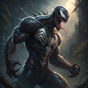 Digital illustration of Venom, menacing pose, dark design, sharp claws, muscular physique, dark background, dramatic lighting, detailed rendering, shading, digital art style