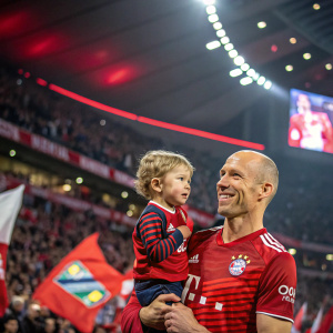Arjen Robben, smiling, holding a young fan in a vibrant stadium. Crowds cheering in the background.