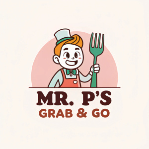 Logo for Mr. P's Grab & Go. Digital illustration featuring cartoon character with fork-shaped head and bold text 'MR. P'S GRAB & GO'. Soft, pastel background.