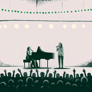 Sara Bareilles and Busy Philipps performing on stage at a sold-out concert venue.