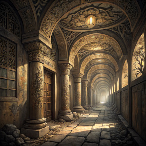 Storied stone hallway inside the Grand Palace in Tokyo, Japan. The walls and arches echo with the whispers of ancient times.