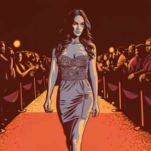 Megan Fox at Nickelodeon event, dressed in a stunning blue dress with intricate details, walking on red carpet. Crowds cheering in background.