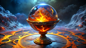 A glass globe with a fire inside sitting on top of a golden goblet, refracted colored lights, black background, fog