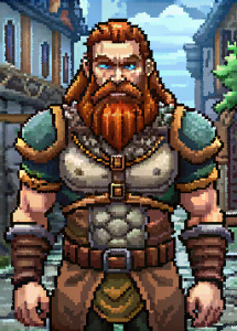 D&D character portrait of an imposing, muscular dwarf with long brown hair and beard wearing leather armor in the streets of town