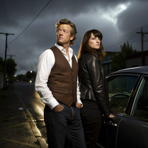 Patrick Jane and Teresa Lisbon from 'The Mentalist'. Jane in a brown vest and white shirt, Lisbon in a black leather jacket. Dark and stormy sky, parked car