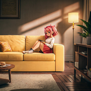 Natsuki, anime girl, with vibrant pink hair. Wearing a casual outfit. White shirt and red skirt. Sitting on a bright yellow couch in a cozy living room.