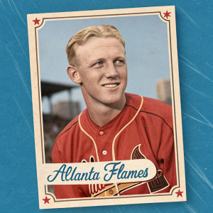Larry Hale, vintage baseball player photo. Caucasian male, short blonde hair, friendly smile. Wearing red jersey with 'Atlanta Flames' text. Blue background, classic frame design