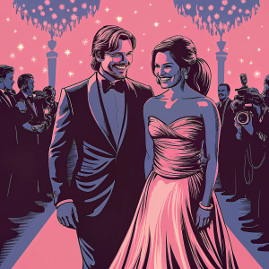 Nikolaj Coster-Waldau and Nukaaka Coster-Waldau at a glamorous gala event, surrounded by paparazzi.