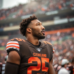 Myles Garrett, African American football star, intense look, bearded, short haircut. Wearing Cleveland Browns jersey, number 25, in packed stadium with blurry audience.