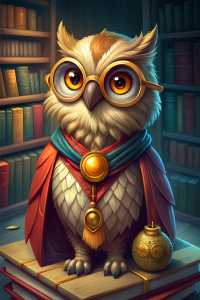 lAn owl with glasses and a medal around his neck in a black square academic hat next to a stack of books