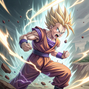 Illustration of Gohan from Dragon Ball Z, intense battle pose, surrounded by vibrant energy waves.