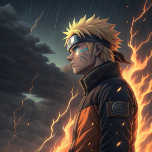 Naruto Uzumaki in a dramatic scene. Fiery aura surrounds him. Dark and stormy sky backdrop. Anime style illustration.