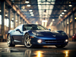(macro portrait) (a navy blue chevrolet corvette) (Environment: a steel factory), 8k, insane details, intricate details, beautifully color graded, Color Grading, Editorial Photography, Cinematic, Bokeh, taken with a 135mm Sigma ART lens, ISO 100, f/2, 1/100th