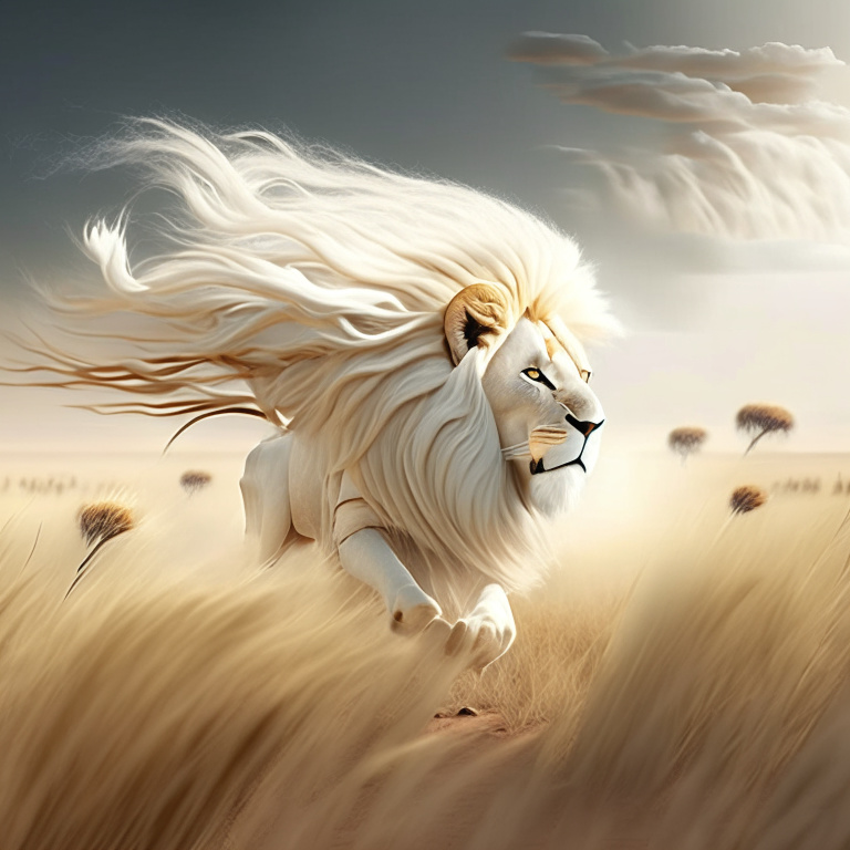 PR, a white lion', windy, open field in Africa, dusty, cartoon style