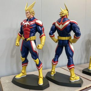 A My Hero Academia figure showing various poses: side, front, and back. The character is depicted with massive muscles and detailed attire, standing on a display base.