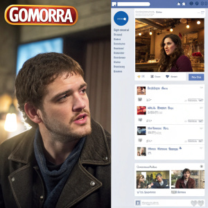 Screenshot of Facebook. Left side: TV show 'Gomorra' advertisement. Right side: Chat conversation in Italian