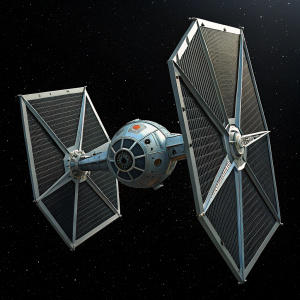 Concept art of a sleek, metallic TIE Fighter from the Star Wars universe. Floating against a black, starless void.