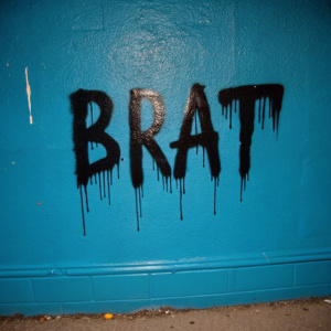 grafitti of the word "brat" in arial font and color black at a white plane wall, the paint is dripping
