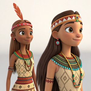Digital 3D render featuring two female cartoon characters inspired by tribal culture. Both characters have long hair and traditional attire. Plain background