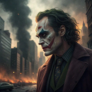 Digital portrait of Joaquin Phoenix in Joker makeup. The background is a dark, smoky, and chaotic cityscape.