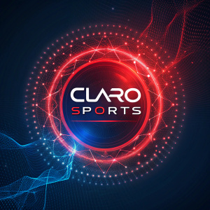 Modern digital art featuring Claro Sports logo. Futuristic design with dynamic digital patterns, dark background, predominantly red and blue hues.