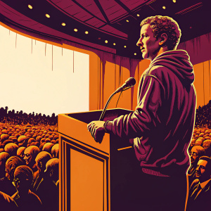 Mark Zuckerberg, wearing a grey hoodie, giving a keynote speech. Bright stage lights, auditorium filled with audience