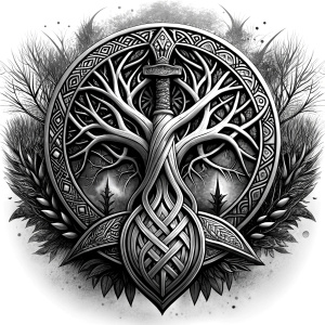 Nordic yggdrasil – and weapons high-definition design grey and black, realistic tattoo design, white background