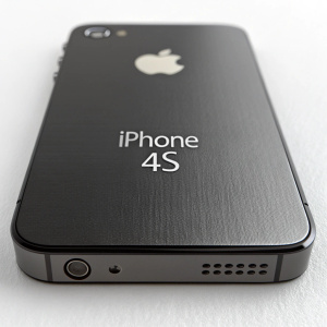 A sleek iPhone 4S back view. Black matte finish with centered Apple logo and branding text
