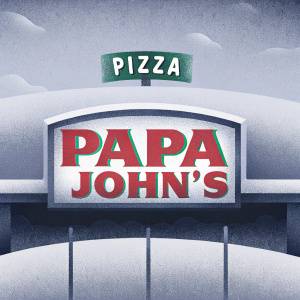 Papa John's Pizza logo, vibrant green background, bold 'PIZZA' in red, 'PAPA JOHN'S' in bold red font.