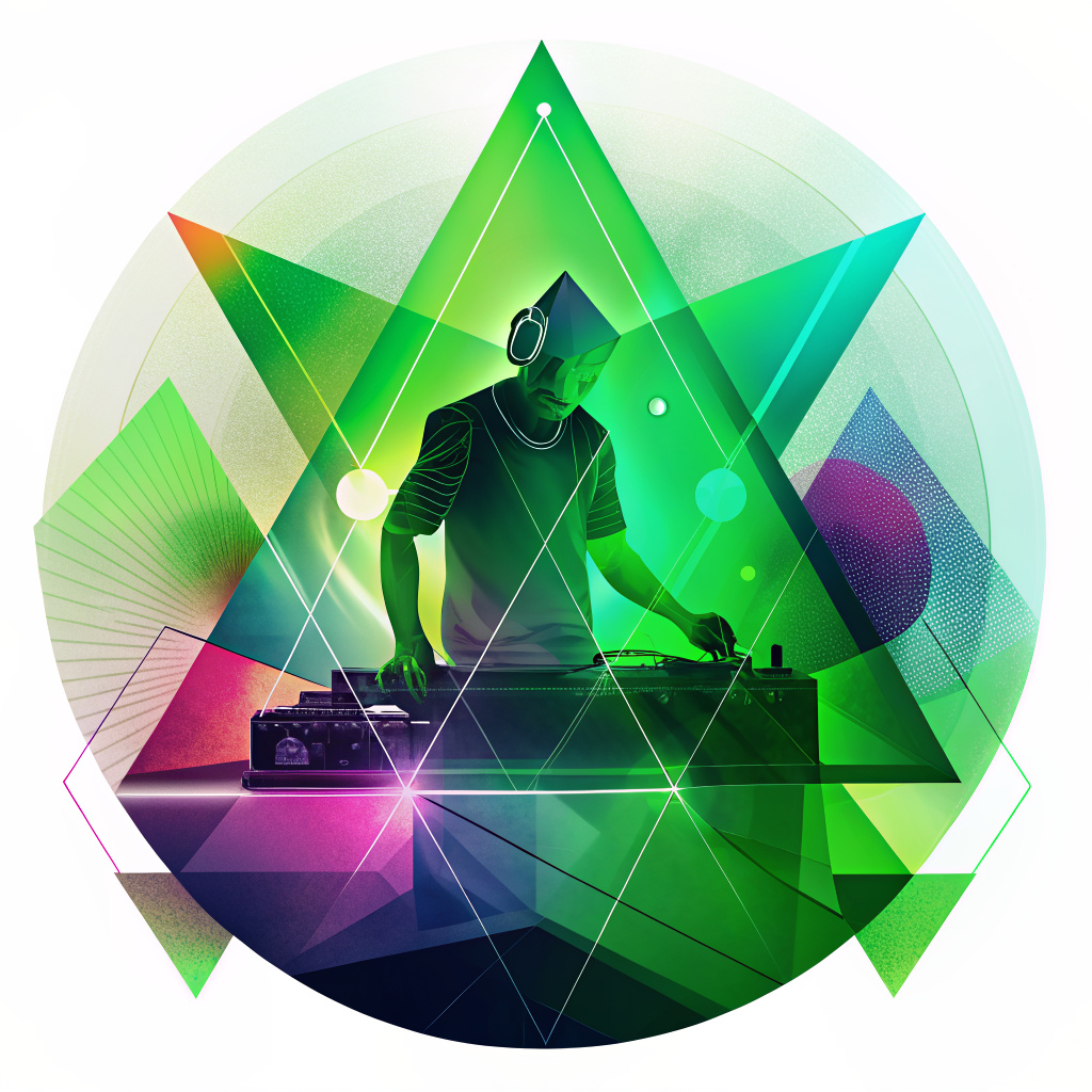 Make an abstract geometric shapes. Techno music. DJ standing in front of DJ Equipment. Choose a color scheme that reflects the energy and mood of the genre. 