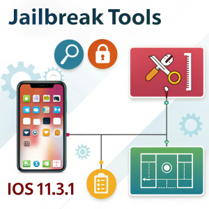 Infographic detailing jailbreak tools and methods for iOS 11.3.1. Colorful graphics and text