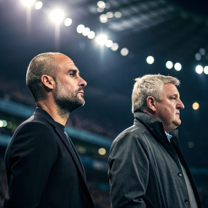 Pep Guardiola and Steve Bruce standing side by side at a press conference. Stadium lights and audience blurred in background.