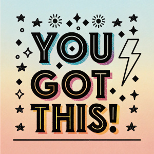 A vibrant and playful hand-lettered typography design featuring the phrase 'You Got This!' in bold, neon colors. The text has a 3D shadow effect, with bright pastel and gradient colors. Fun decorative elements like stars, sparkles, lightning bolts, and small hearts surround the text. The background is light, making the design pop. The style is trendy, energetic, and perfect for stickers, T-shirts, and journals.