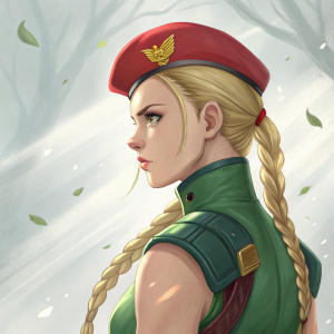 Digital artwork showcasing Cammy from Street Fighter. Blonde braid, green outfit. Soft, ethereal background with light and shadow effects