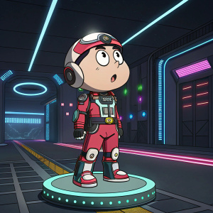 Crayon Shin-chan in a futuristic setting, dressed in advanced tech gear, standing on a digital platform with neon lights. His face shows amazement. The background features sleek, modern designs and bold colors.