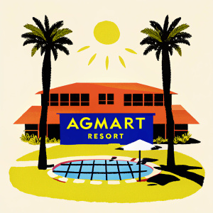 Welcome to Agmart Resort, featuring a stunning blend of modern and classic architecture. Our resort boasts a magnificent swimming pool surrounded by lush gardens and towering palm trees. The vibrant logo captures the essence of our inviting atmosphere, making your stay truly unforgettable.