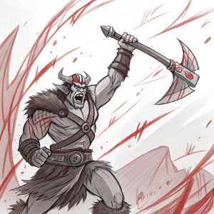 Huskar from Dota 2 in a fierce combat pose. Abstract background with bold red ink lines. Rough and dynamic sketch