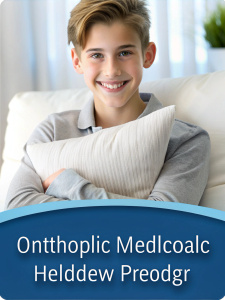 An elegant advertising banner with an orthopedic medical pillow and a happy healthy teenager. Photo in the style of realistic photography.