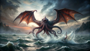 An octopus with bat wings flies over a gray stormy sea, nature photo