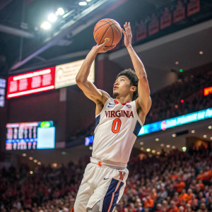 Kihei Clark, asian male, in action. Wearing jersey with 'Virginia' logo. Shooting a basketball. Indoor arena, vibrant crowd, scoreboards