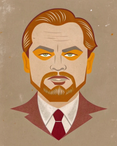 Black and white Caricature drawing of Leonardo DiCaprio extremely exaggerated, drawn by George Wachsteter, solid background,  