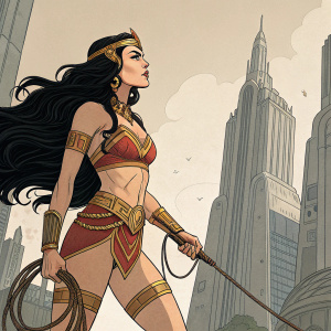 Illustration of Dejah Thoris, a captivating heroine with long black hair, standing confidently. Armed with a whip. Detailed lines and shading evoke classic comic strip aesthetics. Background features towering futuristic structures.