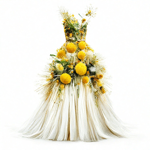 wedding dress made from natural bouquets of dandelions, front view, white background, realism, dress made from a bouquet of dandelions. bouquet from the front of the dress