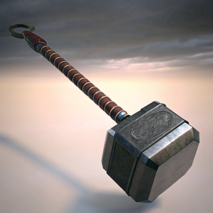 3D render of Mjolnir, Thor's legendary hammer. Complex, detailed design, brown handle. Dark background emphasizes shadows and highlights.