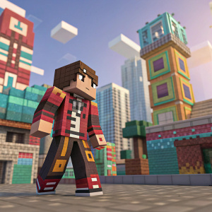 Pixelated avatar of a Minecraft character standing in front of a complex, colorful cityscape. Dynamic pose, varied textures and colors