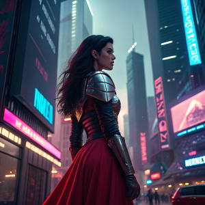 Dark-haired sorceress in neon-lit cyberpunk city. She wears metallic armor and a flowing red skirt. Surrounded by holographic billboards and futuristic skyscrapers.