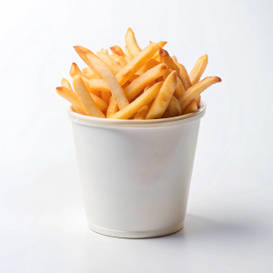 create a high quality a white bucket on french fries on white background