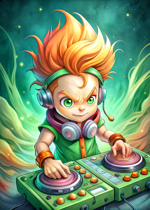 cartoon character of  pin up dj   with perfect  super detailed dj mixing console ,  comic ,style pop art, style, graffiti style, style watercolor, black background, ready for print t-shirt, style art fabric
RasterIllustrationlevel of detail:extreme

