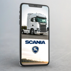 On a smartphone display, the Scania logo and a picture of a modern, white Scania truck. The truck features a sleek, aerodynamic design.