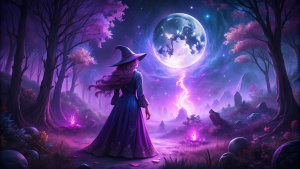 An enchanting scene featuring a mysterious purple-haired witch standing beneath the silvery glow of the moon in a mystical forest, her arcane powers illuminating the darkness, Photography, DSLR with a focus on moonlight and enchanting ambiance.


